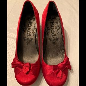 Women’s red satin dress shoes